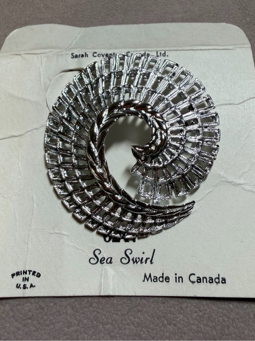 Vintage 1970s Signed SARAH COVENTRY "Sea Swirl" Silver Tone Brooch on Original